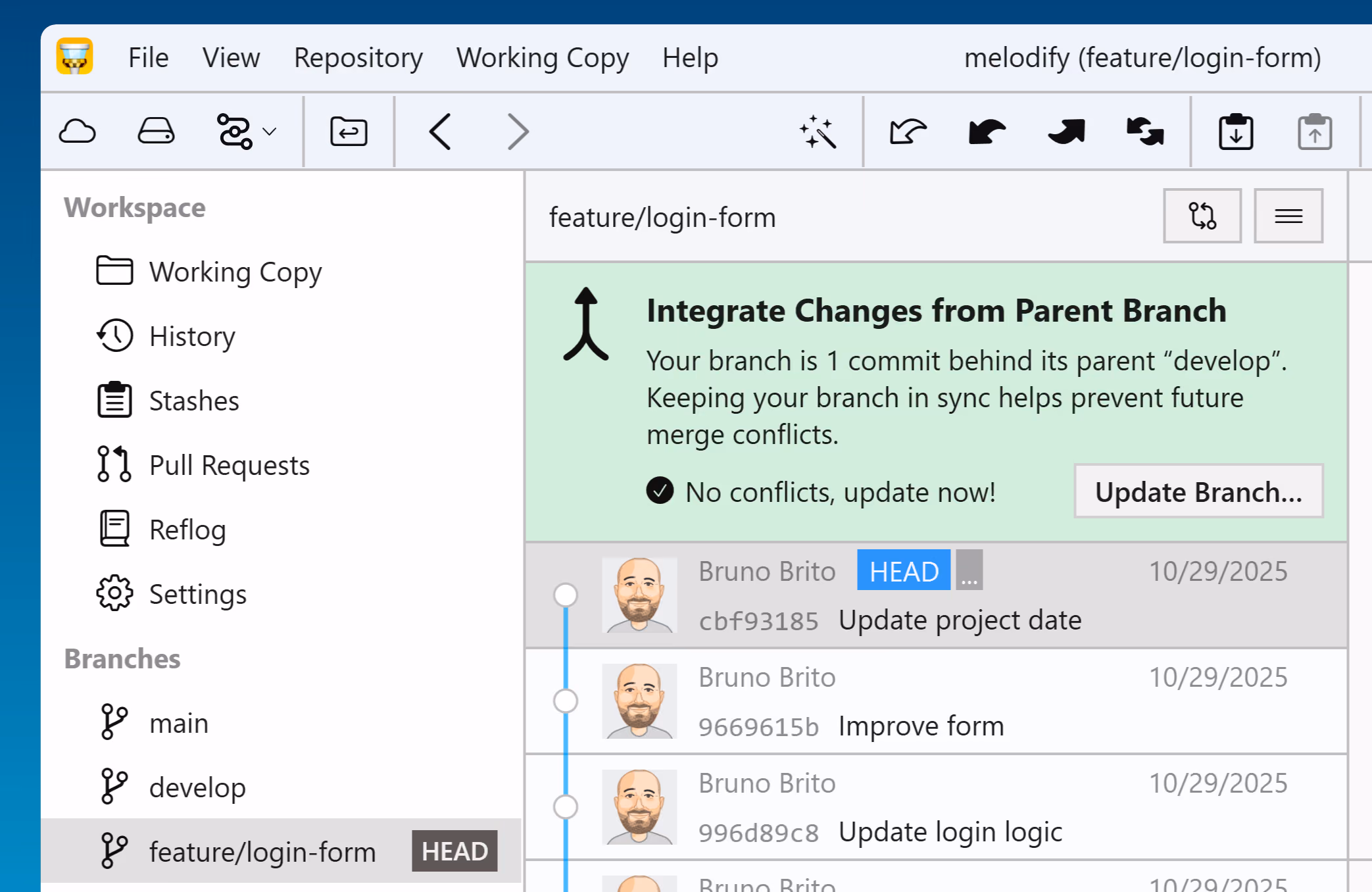 A banner notifying you that your branch is behind its parent branch and can be updated without conflicts