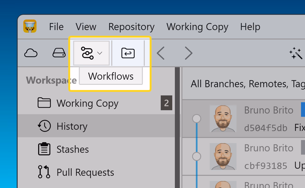 The "Workflows" icon in Tower's toolbar, next to Services and Bookmarks