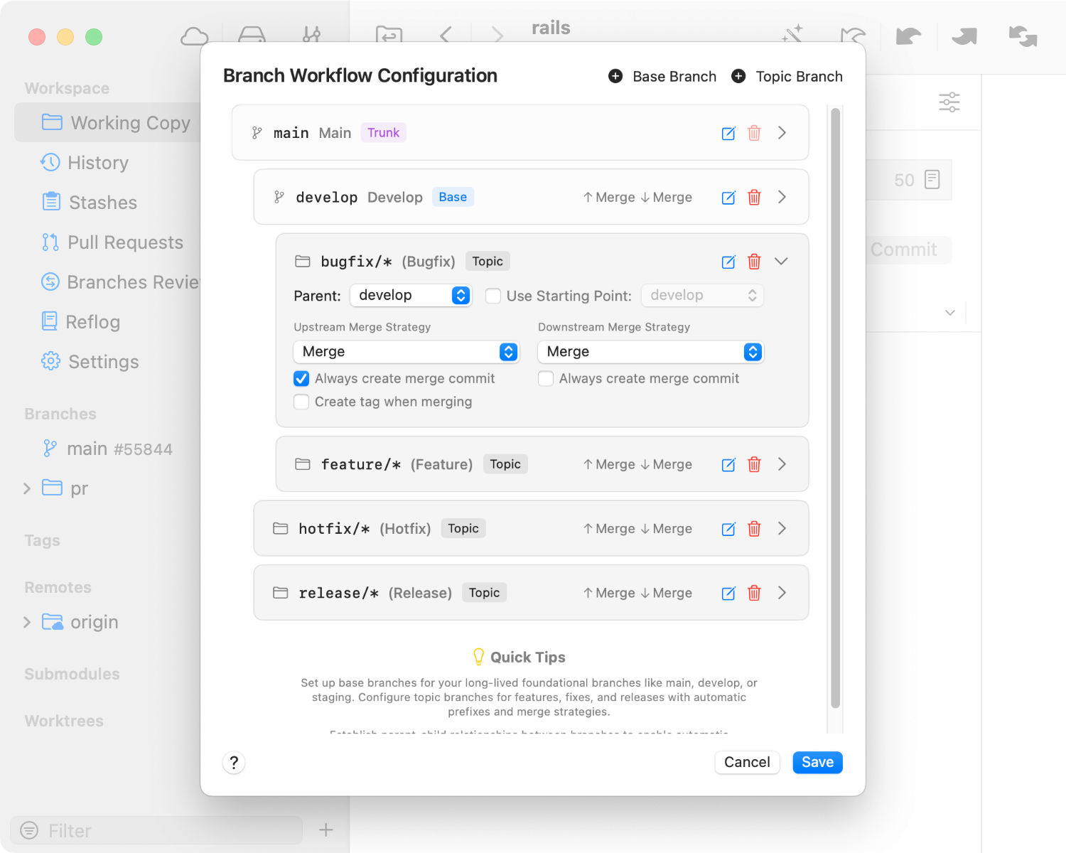 Gitflow in Tower Workflows